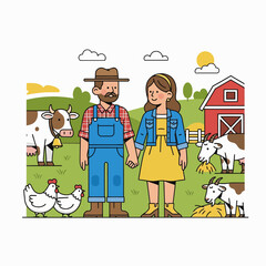 Vector illustration of a farmer couple on a rural farm with animals and a barn