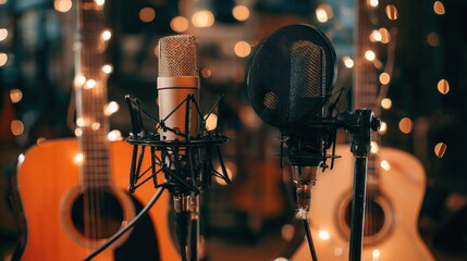 a studio microphone and acoustic guitar, showcasing the intricate details musical instruments.blurred background studio lighting,perfect for music production, sound engineering, studio-related content