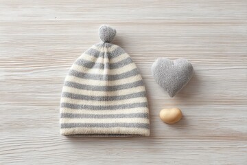 Striped gray and white baby hat with heart toys on light wooden surface