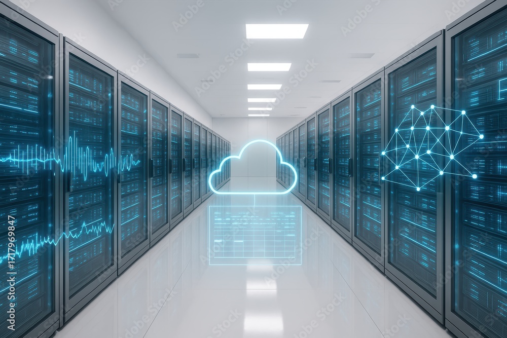 Poster data center modernity: a perspective view within a cutting-edge data center, rows of servers are ill