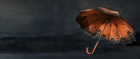 Halloween Umbrella with Pumpkins and Bats on black  background