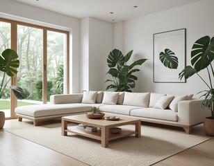 Fototapeta premium Bright living room with white sofa, large windows, indoor plants, minimalist, scandinavian