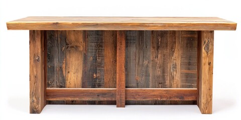 A rustic wooden bar table is prominently displayed against a white background. The table features a long, rectangular top made of distressed, dark brown wood with visible knots and grain patterns.