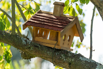 A small wooden birdhouse with a red roof sits on a branch. Sunlight brings out the warm colors.