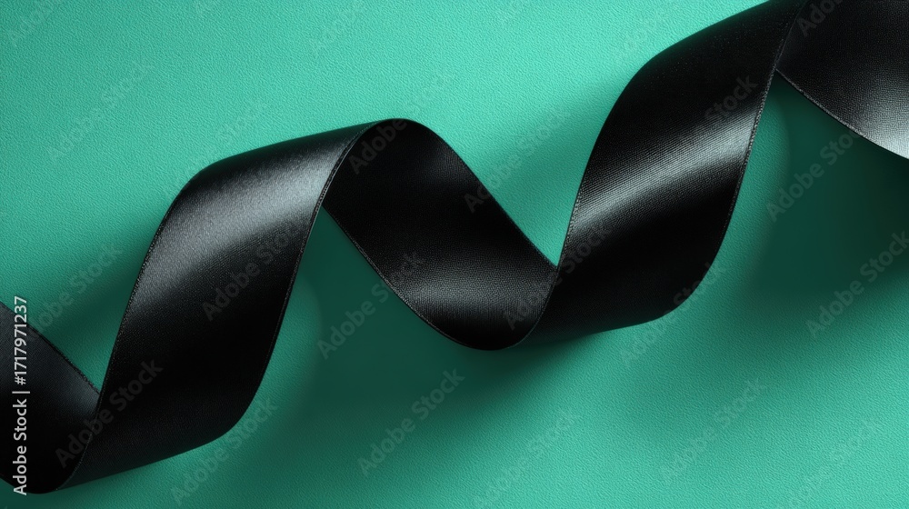 Poster elegant black satin ribbon on matte emerald background with s-curve design