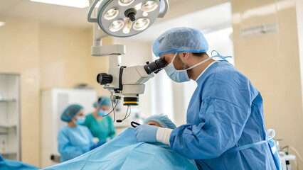 Ophthalmologist in sterile surgical uniform performing eye surgery using a microscope in a brightly lit operating room with medical team in background — ideal for healthcare, vision treatment visuals