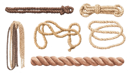 A collection of various types of ropes and cords displayed artistically. different textures and colors. ideal for design projects or educational purposes