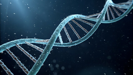 Close-up of glowing DNA strand floating in dark blue space with molecular particles — perfect for science visuals, genetic research concepts and biotechnology-themed digital artwork