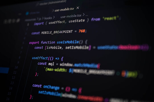 Close-up of React Hook code in a TypeScript file detecting mobile screen size using useEffect and matchMedia, ideal for responsive design and mobile-first web development projects.