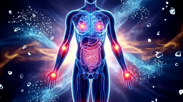 Artistic surreal glowing body with joint inflammation spots.