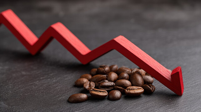 Arabica vs robusta price volatility concept with coffee bean and red arrow showing market trend on dark background