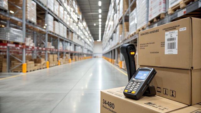 Handheld barcode scanner and POS terminal resting on cardboard boxes in modern warehouse aisle with shelves full of inventory, perfect for logistics, supply chain and storage visuals