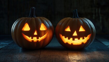 Fototapeta premium Two Jack-O'-Lanterns Positioned Next To Each Other Underneath Eerie Light For Halloween Display.