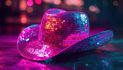 Pink Cowgirl Hat With Disco Ball Design: Embracing Trendy Groovy Vibes From The Disco Era With A Stylish Twist. Ultimate Party Accessory!