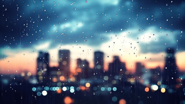 Rainy cityscape view through window