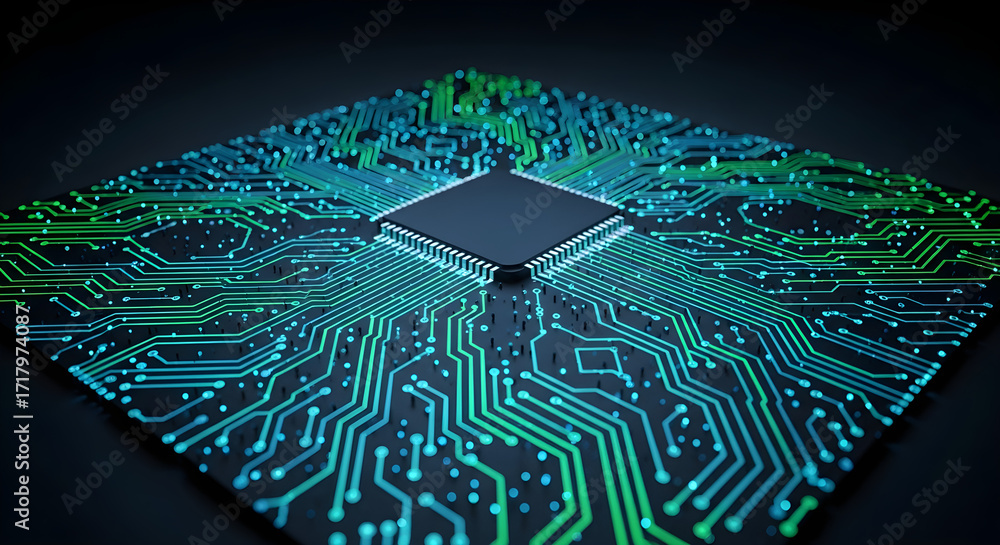 Poster a close-up, high-angle view of a central computer processor chip with intricate green and blue circu