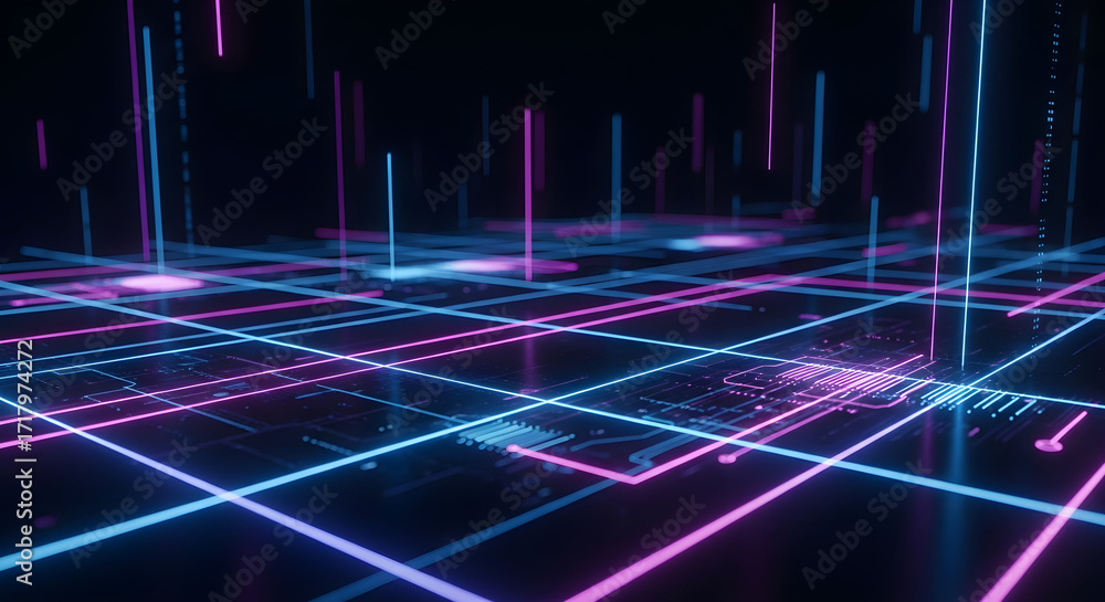 Poster abstract digital grid with glowing neon lines in pink and blue, representing data flow and technolog