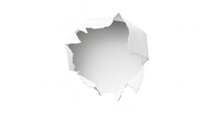 A close-up view of a torn piece of white paper creating a hole. revealing a smooth. blank background. ideal for creativity or minimalistic designs