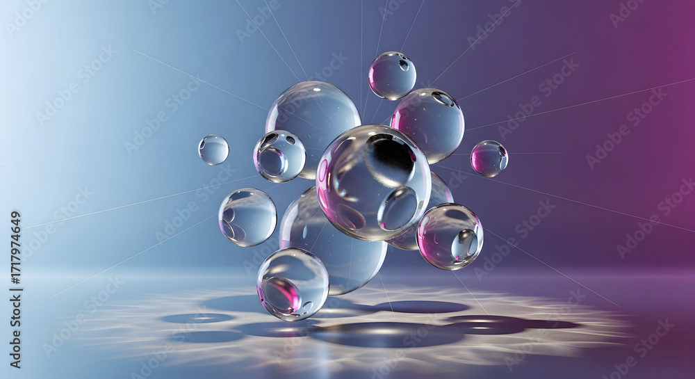 Poster a cluster of transparent spheres with internal structures, reflecting light against a gradient backg
