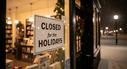 Bookstore closed during holiday season with snowfall and festive decorations