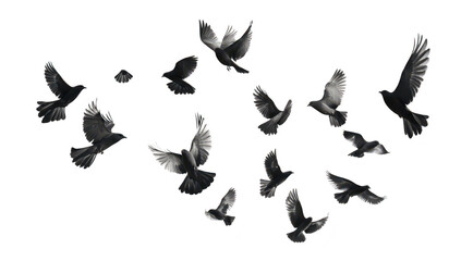 Fototapeta premium A dynamic composition of various birds in flight against a stark white background. their graceful movements and diverse wing shapes. ideal for nature-themed projects