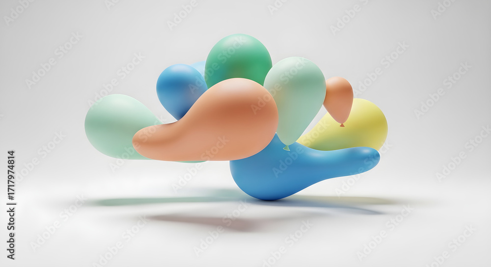 Poster a cluster of soft, pastel-colored, amorphous shapes floating in a studio setting with a light gray b
