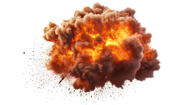 A dramatic explosion billowing smoke and fire against a stark white background. illustrating the intensity of a fiery blast. suitable for action or disaster-themed visuals