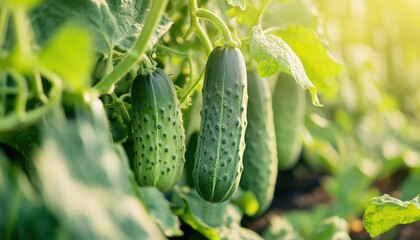 Close-Up Of Fresh Green Cucumbers Ripening In A Greenhouse Through Organic Cultivation With Selective Focus On The Vegetables