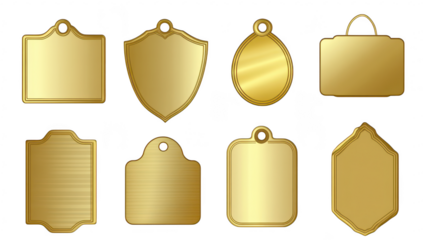 A collection of various gold tags featuring different shapes and designs. ideal for labeling products. gifts. or personal items. set against a plain background for clear visibility
