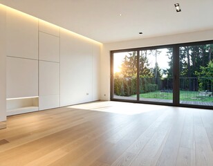 Fototapeta premium Modern, empty room with hardwood floors and large windows overlooking a garden