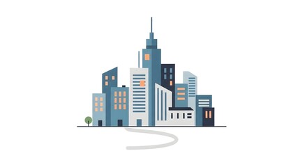 Obraz premium Illustration of a modern city skyline with various buildings, a road, and a small tree.