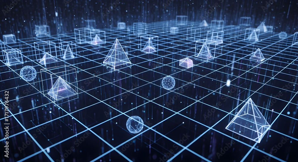 Poster abstract digital grid with glowing geometric shapes including pyramids, cubes, and spheres, represen