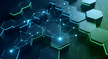 Abstract digital network of glowing hexagonal nodes connected by luminous lines, representing data flow and connectivity in a futuristic technological concept.