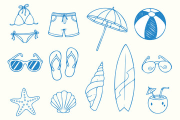 A vibrant seamless vector pattern of sea shells, starfish, and other beach icons perfect for a fun summer vacation design, beach, summer, vacation, swimsuit, sunglasses, umbrella, flip flops, seashell
