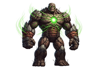 Powerful, imposing figure, composed of stone-like material, radiating a vibrant, glowing green energy center.