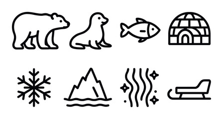 Arctic icons: polar bear, seal, fish, igloo, snowflake, mountain, northern lights, sled