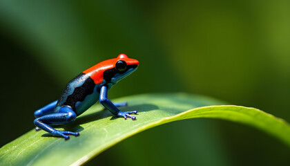 Vibrant poison dart frog perched on a lush green leaf.