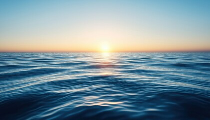 Tranquil Scene: Clear Sky, Calm Sea At Sunrise. Reflective Water Surface For Product Display. Serene Background With Mockup.