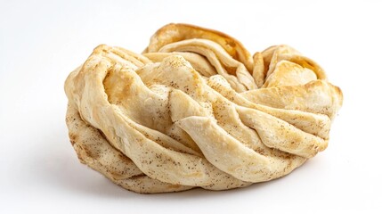 A single, golden-brown cinnamon roll sits on a white surface. The roll is intricately swirled and layered, with visible cinnamon sprinkled on its surface. 
