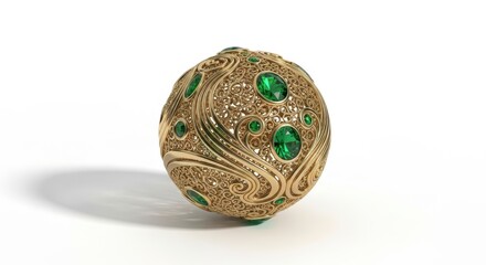 Exquisite Gold Orb with Emeralds Ornate Decorative Sphere on White Background