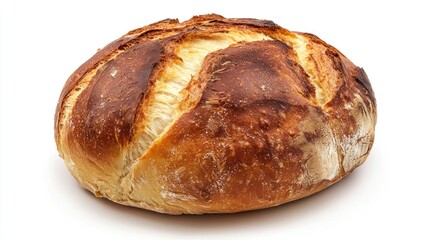 A rustic, round loaf of bread sits on a white surface. The crust is deeply browned and blistered, with a shiny, golden sheen.