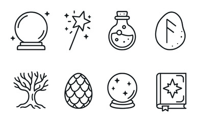 Magic icons set: crystal ball, wand, potion, rune, tree, dragon egg, spellbook