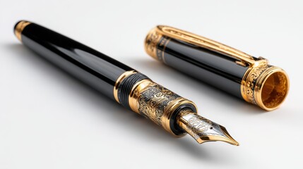 luxury fountain pen, gold nib, isolated on white background