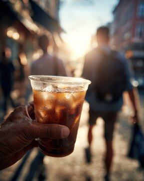 Hand holding iced coffee drink on a sunny city street with blurred people
