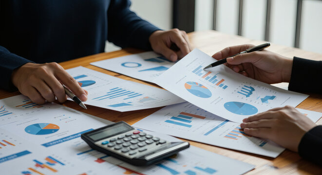 Business Meeting With Charts and Reports Spreading Across a Wooden Table