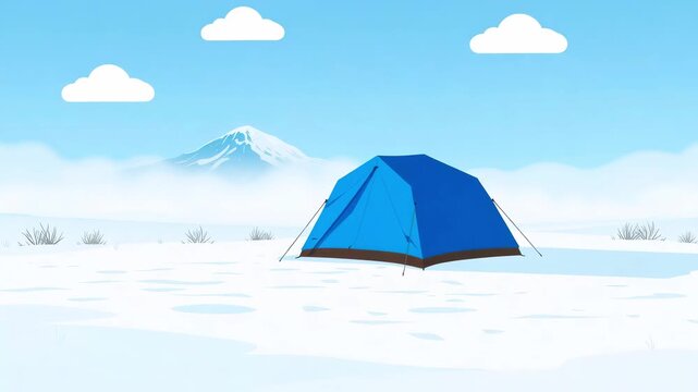 A lone blue tent surrounded by snow in the mountains, vector illustration. Concept of winter camping, mountain hiking, and ski resort