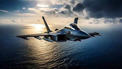 Fighter jet soaring above the ocean at sunset