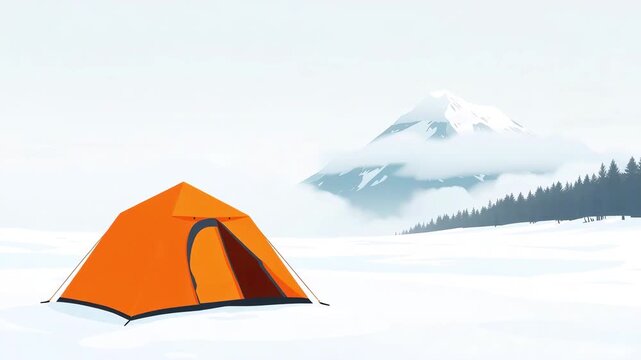 A lone orange tent surrounded by snow in the mountains, vector illustration. Concept of winter camping, mountain hiking, and ski resort