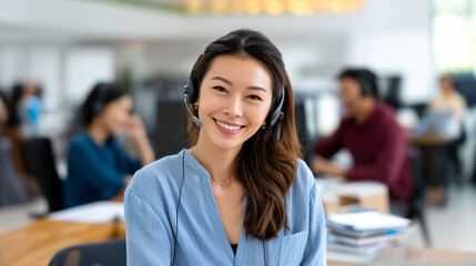 Fototapeta premium Smiling Asian businesswoman in headset, sitting in modern open space office, looking at camera while working with colleagues in background. Asian woman customer service, call cente