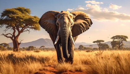 Fototapeta premium Pixelated Elephant Standing in Golden Grassland Scenery Under Warm Sunlight With Sparse Trees and Distant Hills African Wildlife